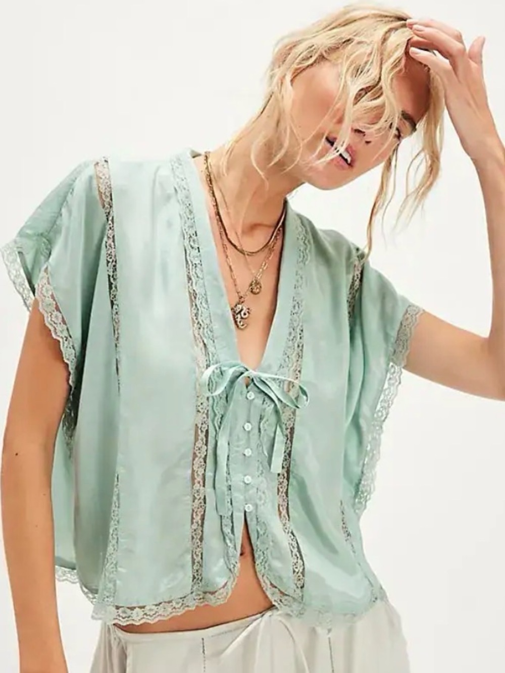 NWT Free People Marigold Shine Lace Top Boho Romantic Oversized Blue Surf Sz M